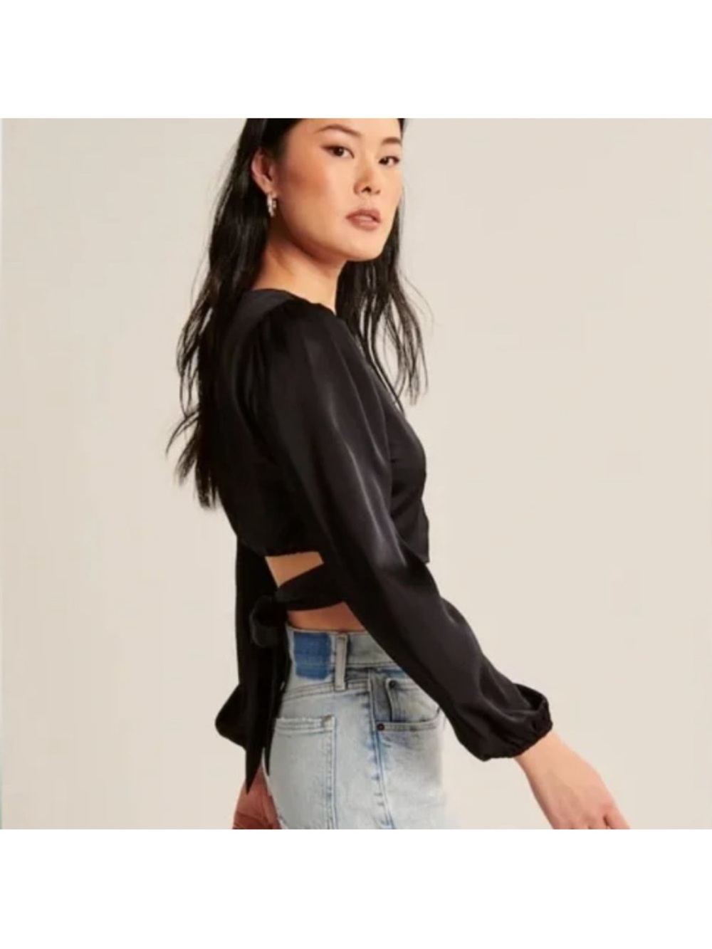 Abercrombie & Fitch Long-Sleeve Satin Wrap Top Black